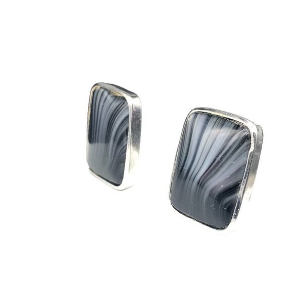 Vintage Black Banded Agate Earrings, Silver Tone Frames with Clip On, Chic Stria - Picture 2 of 5